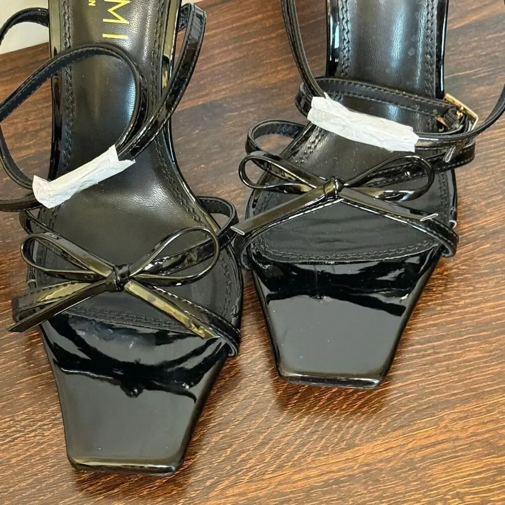 Simmi London Estela 3 black patent leather bow ankle wrap gold buckle size 6 4.5